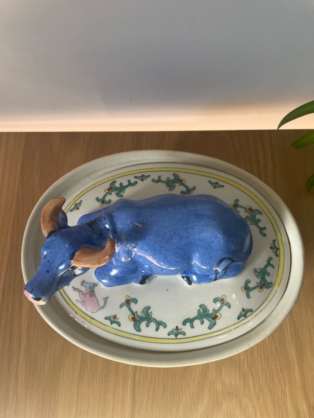 Rare Vintage Ceramic Blue Chinese Water Buffalo Ox Lidded Casserole Dish Tureen - Picture 11 of 14